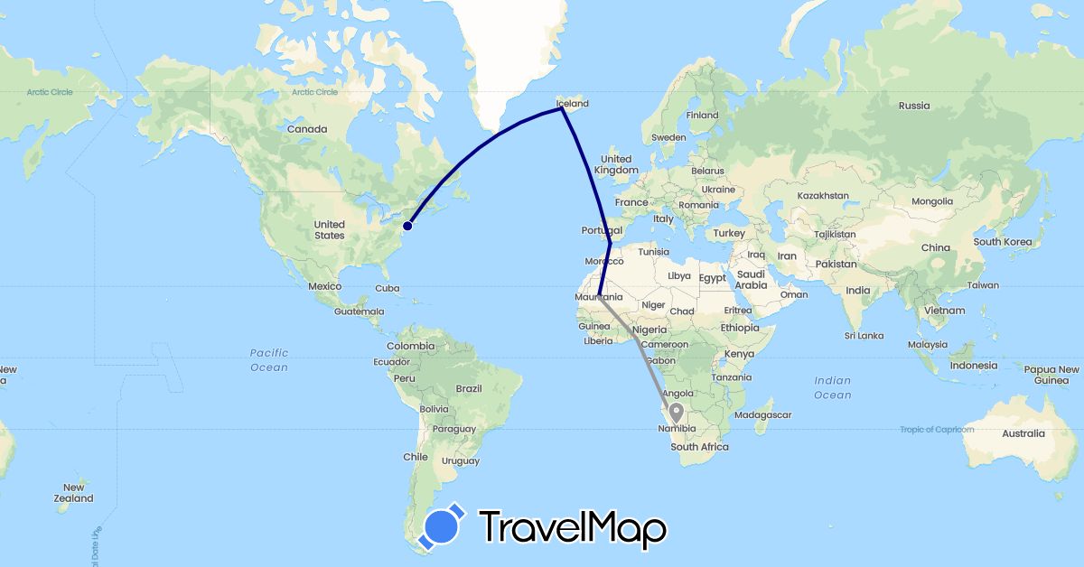 TravelMap itinerary: driving, plane in Gibraltar, Iceland, Mauritania, Namibia, Nigeria, United States (Africa, Europe, North America)
